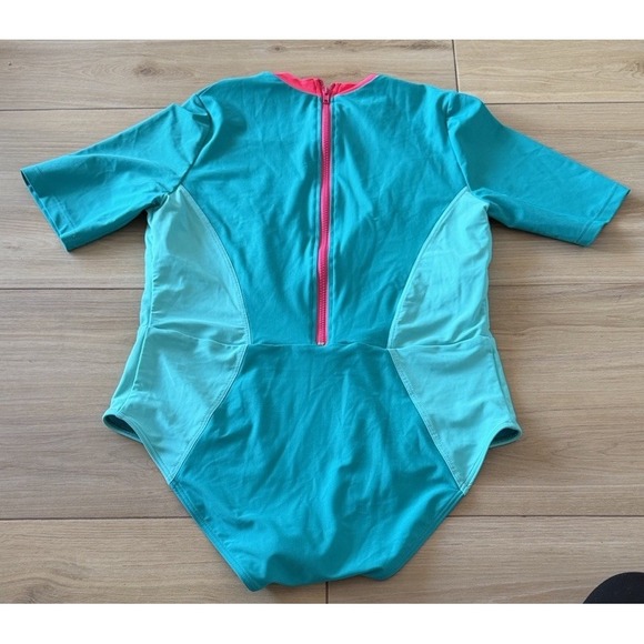 Chromat Womens Colorblock Short Sleeve One Piece Swimsuit Teal Pink 1X - Picture 3 of 8